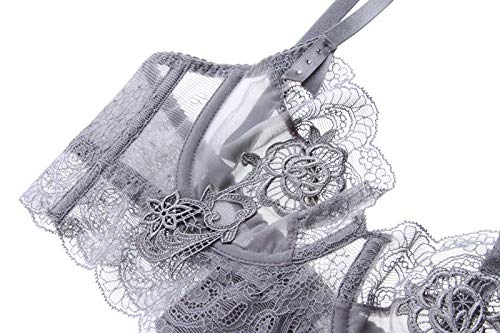 Ropa Interior Sujetador Bordado Floral Lencería Encaje Femenino Íntimo Copa Ultrafina Sujetador Conjunto Sujetadores Transparentes Bragas De Cintura Alta Plata B 36