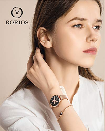RORIOS Relojes de Mujer Hermoso Mariposa Dial Pulsera Acero Inoxidable Correa Relojes para Dama Regalo de Cumpleaños Reloj de Pulsera
