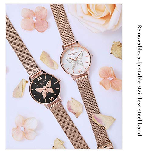 RORIOS Relojes de Mujer Hermoso Mariposa Dial Pulsera Acero Inoxidable Correa Relojes para Dama Regalo de Cumpleaños Reloj de Pulsera