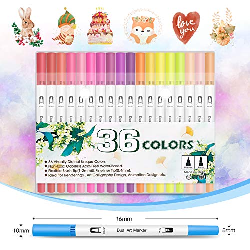 Rotuladores Lettering, 36 Colores Rotuladores Punta Pincel Rotulador Doble Punta, Dual Tip Brush Pen para Caligrafía, Lettering, Bocetos, Dibujo