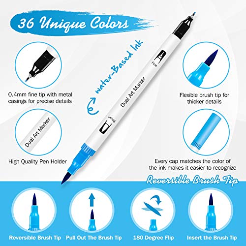 Rotuladores Lettering, 36 Colores Rotuladores Punta Pincel Rotulador Doble Punta, Dual Tip Brush Pen para Caligrafía, Lettering, Bocetos, Dibujo