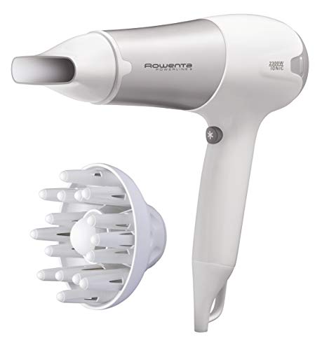 Rowenta CV5090F0 Powerline Plus - Secador de 2300 W potente, función Ionic, boquilla concentradora de aire y difusor, 2 velocidades y 3 temperaturas, botón de aire frío, Blanco y Plata