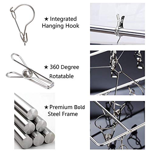 Ruesious Tendedero Colgante de Acero Inoxidable con 36 Clips, Resistentes al Viento, Calcetines, Ropa Interior, Ropa, Toallas