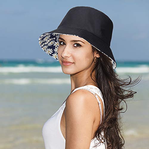 RZKJ-SHOP Sombrero del Pescador Algodón Plegable Bucket Hat con Dibujos de Margarita Redondo Sombreros de Pesca Mujeres Actividades Al Aire Libre Visera para Playa Viaje
