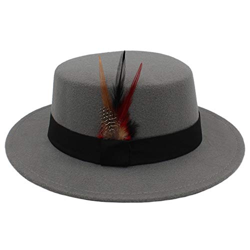 RZL Domo Sombreros, Sombrero de Fedora Player, 2018 Invierno Lana Pork Pie Boater Sombrero de Copa Plano para Mujer Hombre Sentido Ancho (Color : Gris, tamaño : 56-58cm)