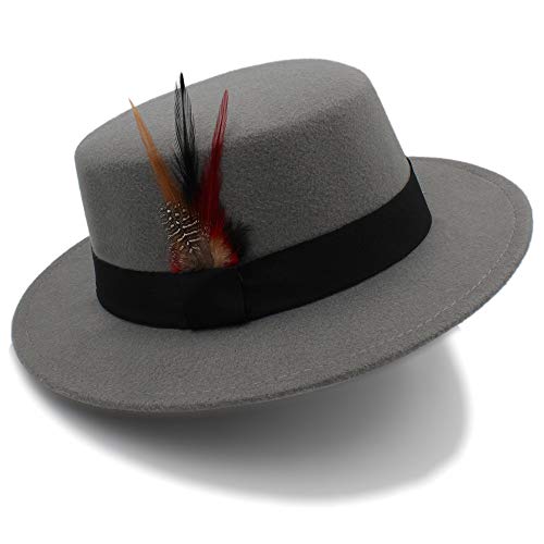 RZL Domo Sombreros, Sombrero de Fedora Player, 2018 Invierno Lana Pork Pie Boater Sombrero de Copa Plano para Mujer Hombre Sentido Ancho (Color : Gris, tamaño : 56-58cm)