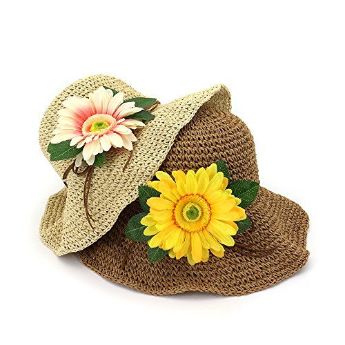 RZL Sombreros de Sol de Verano, Casquillo de la Playa de 2018 Flores a Cielo Abierto, Sombreros del Verano para Las Mujeres Hecho a Mano Sombrero de Paja Sombreros Plegables Sun