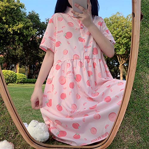 S-Chihir Vestido de Falda Lolita Vestido Streetwear Camisa Lolita japonés Rosa melocotón imprimido Solapa niña Manga Corta Vestido Estudiante Verano Dulce Gasa Vestido