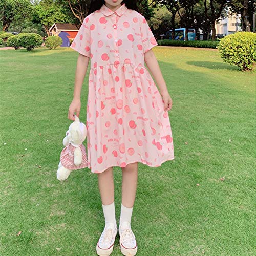 S-Chihir Vestido de Falda Lolita Vestido Streetwear Camisa Lolita japonés Rosa melocotón imprimido Solapa niña Manga Corta Vestido Estudiante Verano Dulce Gasa Vestido