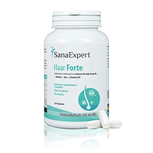 SanaExpert Haar Forte, Suplemento Capilar para el Crecimiento y Fortalecimiento del Pelo, Vitaminas para el pelo, Complemento alimentario con Biotina, Zinc y Mijo de Perla, 120 Cápsulas