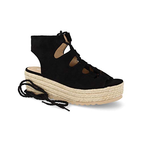 Sandalia Mujer Plataforma Casual de Yute con Cordon Ajustable Espardenas de Moda Primavera Verano 2019. Talla 39 Negro