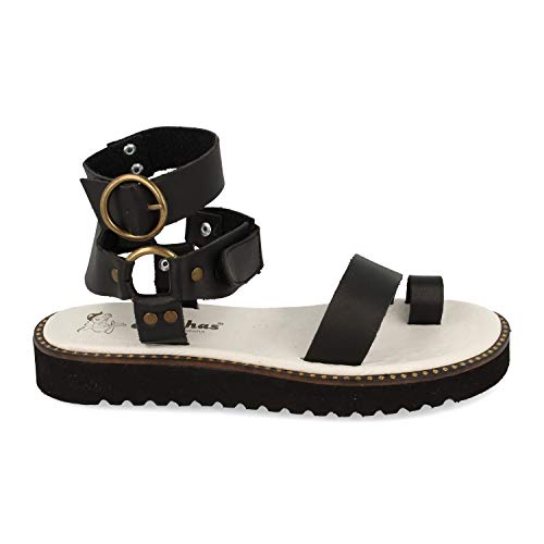 Sandalia Plana de Mujer, Comodas y Casuales, Echas de Piel, de Estilo Rockero, Atado por el Tobillo con Hebillas, Primavera Verano 2021. Talla 37 Negro