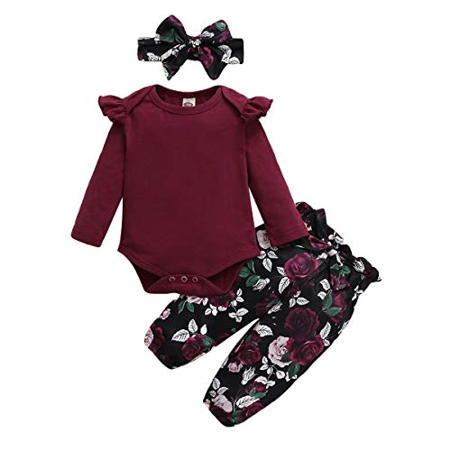 SANMIO Ropa Bebe Niña 3 Piezas Camiseta Manga Larga + Floral Pantalones + Venda de Pelo Trajes por 0-18 Meses
