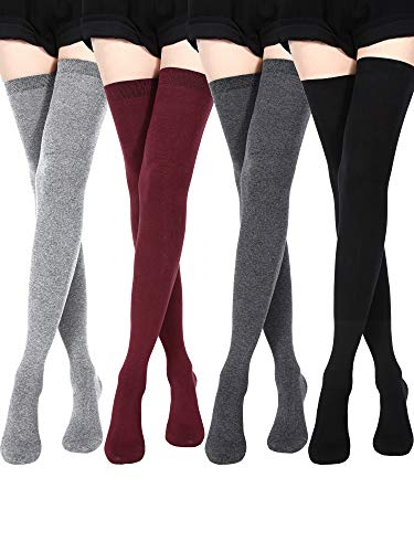 SATINIOR Calcetines Extra Largos Calcetines de Algodón hasta el Muslo Medias de Arranque Extra Largas para Mujeres (Negro, Gris Oscuro, Gris Claro, Rojo Vino, 4)