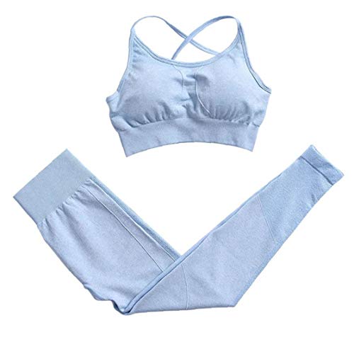 Schnuger 2pcs de Las Mujeres Ropa de Yoga Suit Trajes Femenino de la Gimnasia Deportiva sin Fisuras chándal Sujetador Polainas Azul L