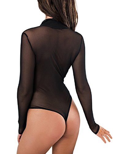 SEBOWEL - Body de Malla Transparente con Cuello en V Sexy para Mujer, Leotardo Manga Larga, Blusa Ajustada para Fiesta de Club, Camiseta (L, Negro)