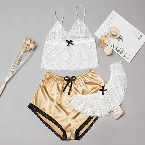 SEDEX Pijama Mujer Ropa Interior Verano Cortos Conjuntos Lenceria Camisones Sin Manga Halter Dormir Camisolas Picardias Encaje Escote en V Profundo Comodo 3 Piezas Pijamas para Mujer, Blanco XL