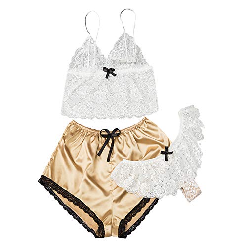 SEDEX Pijama Mujer Ropa Interior Verano Cortos Conjuntos Lenceria Camisones Sin Manga Halter Dormir Camisolas Picardias Encaje Escote en V Profundo Comodo 3 Piezas Pijamas para Mujer, Blanco XL