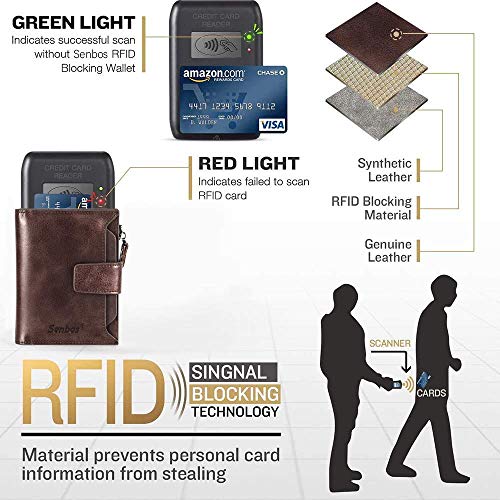 Senbos Carteras para Hombre, Piel Monedero con RFID Bloqueo, 18 Ranuras para Tarjetas de Crédito, 1 Bolsillo con Cremallera e Soporte Extraíble para Tarjetas de Identificación con Caja de Regalo