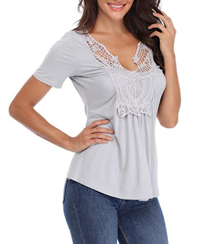 Señoras Lindas Ladies Cute Tops Verano Sexy V Cuello túnicas Manga Corta Camisas Volantes Pecho Encaje Gris Claro - XL