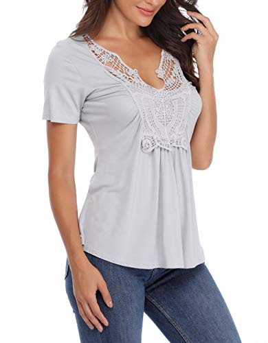Señoras Lindas Ladies Cute Tops Verano Sexy V Cuello túnicas Manga Corta Camisas Volantes Pecho Encaje Gris Claro - XL