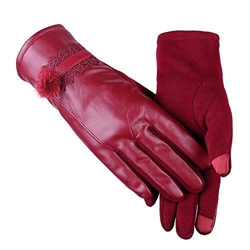 Señoras nuevas invierno PU guantes calientes venta al por mayor linda bola de pelo al aire libre montar espesar guantes de pantalla táctil, blue,