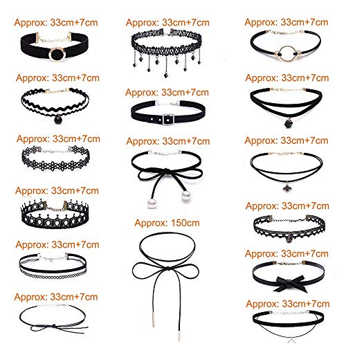 Set de 16 gargantillas negras, de estilo gótico, clásico, de terciopelo, elástico, de encaje, lazo
