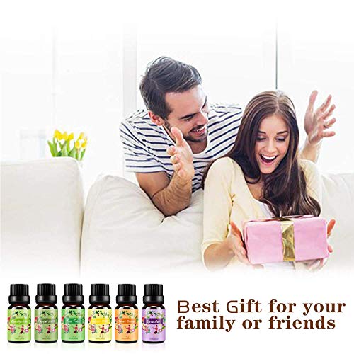 Set de aceites esenciales,100% Natural Puro Aromaterapia Aceite Aromático,6 x 10 ml (Lavanda, Hierba de Limón, Menta, Eucalipto, Árbol de té, Naranja dulce) para Humidificador y Difusor Aroma