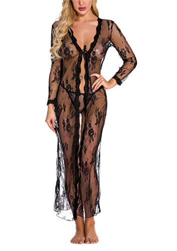 Sexoo Conjuntos de lencería para Mujer Transparente Comodo y Elegante Ropa de Dormir con Tanga Lenceria Erotica Babydoll Ropa Interior túnica