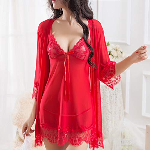 Sexy Pajamas Encaje Albornoz Femenino Transparente Pajamas Robe Ropa Interior 3 Pieza Set Casual Señoras Servicio En Casa XL Rojo