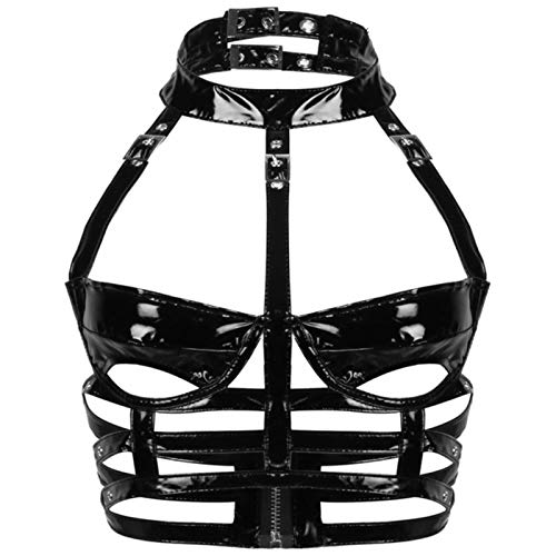 SEXYSY Sujetador de lencería para Mujer Top Punk Gothic Look Mojado Charol Disfraz erótico Sexy Cuello Halter Copas Recorte Espalda Baja Sujetador enjaulado Top