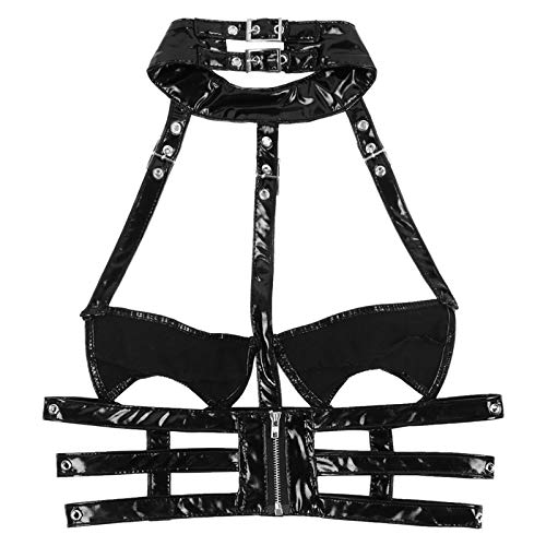 SEXYSY Sujetador de lencería para Mujer Top Punk Gothic Look Mojado Charol Disfraz erótico Sexy Cuello Halter Copas Recorte Espalda Baja Sujetador enjaulado Top