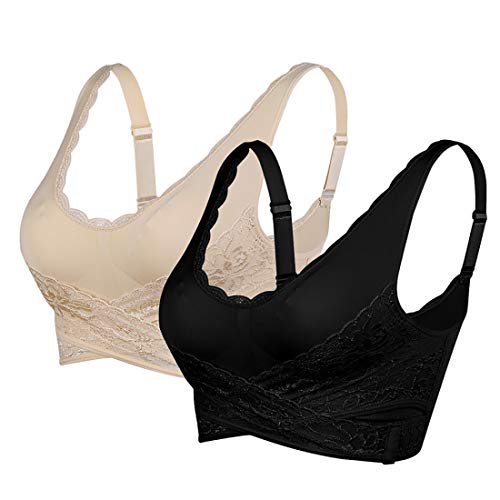 Sfit Sujetador Deportivo Encaje Mujer 2/3pack Sujetadores Ajustable Bra Transpirable Confort Deporte Sin Costuras con Hebilla Frontal para Gimnasio Yoga Bailar Corriendo Fitness