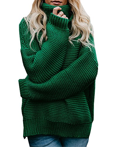 ShallGood Jersey Cuello Cisne para Mujer Mujer Jersey Texturizado Holgado Las Mujeres de Manga Larga de Punto Jersey Suéter Suelto Jumper Tops de Punto Verde ES 34