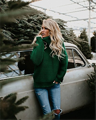 ShallGood Jersey Cuello Cisne para Mujer Mujer Jersey Texturizado Holgado Las Mujeres de Manga Larga de Punto Jersey Suéter Suelto Jumper Tops de Punto Verde ES 34