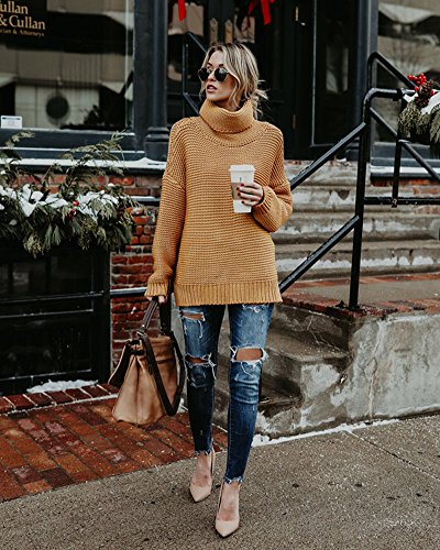 ShallGood - Jersey de punto grueso para mujer, para otoño e invierno, de manga larga, de color liso, holgado, cálido, con cuello vuelto y diseño elegante