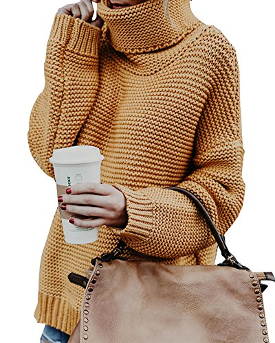 ShallGood - Jersey de punto grueso para mujer, para otoño e invierno, de manga larga, de color liso, holgado, cálido, con cuello vuelto y diseño elegante