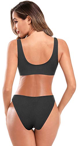 SHEKINI Bañador de Dos Piezas Mujer Chaleco Deportivo Cuello Cuadrado Sin Espalda Top De Bikini Elegante Traje de Baño de Dos Piezas para Mujer Cintura Baja Bikini Bottoms (Negro, S)