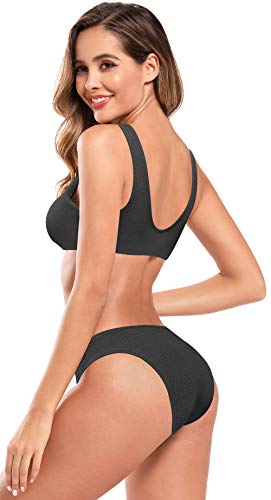 SHEKINI Bañador de Dos Piezas Mujer Chaleco Deportivo Cuello Cuadrado Sin Espalda Top De Bikini Elegante Traje de Baño de Dos Piezas para Mujer Cintura Baja Bikini Bottoms (Negro, S)