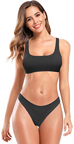 SHEKINI Bañador de Dos Piezas Mujer Chaleco Deportivo Cuello Cuadrado Sin Espalda Top De Bikini Elegante Traje de Baño de Dos Piezas para Mujer Cintura Baja Bikini Bottoms (Negro, S)