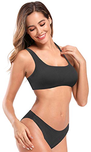 SHEKINI Bañador de Dos Piezas Mujer Chaleco Deportivo Cuello Cuadrado Sin Espalda Top De Bikini Elegante Traje de Baño de Dos Piezas para Mujer Cintura Baja Bikini Bottoms (Negro, S)