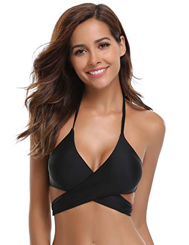 SHEKINI Bañadores de Mujer Criss Cross Bandage Bikini Mujer Acolchado Bra Bikini Trajes de baño Tops Bikini Mujer(Small, Negro-Tops de Bikini)