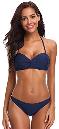 SHEKINI Bandeau Twist Halter para Mujeres Bikini Trajes de baño Parte Inferior del Anillo (XL, Azul Oscuro)