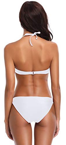 SHEKINI Bandeau Twist Halter para Mujeres Bikini Trajes de baño Parte Inferior del Anillo (XL, Blanco)