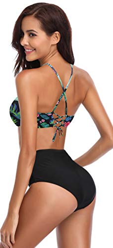 SHEKINI Bikini brasileño de Las Mujeres Set Up Bikini Top Bikini de Cintura Alta Shorts Deportes Traje de baño Split Traje de baño Traje de baño Grande (L, Impresión Rojo en Negro)