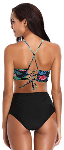 SHEKINI Bikini brasileño de Las Mujeres Set Up Bikini Top Bikini de Cintura Alta Shorts Deportes Traje de baño Split Traje de baño Traje de baño Grande (S, Impresión Rojo en Negro)