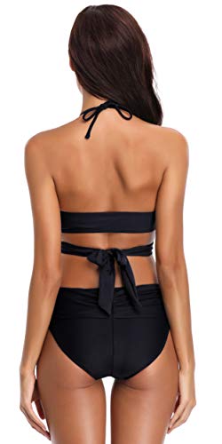 SHEKINI Bikini de Traje de baño de Colores Oscuros para Mujer Bikini de Tirantes Bikini de Cintura Alta de Dos Piezas (L, Negro)