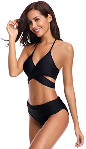 SHEKINI Bikini de Traje de baño de Colores Oscuros para Mujer Bikini de Tirantes Bikini de Cintura Alta de Dos Piezas (S, Negro)