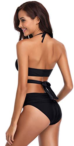 SHEKINI Bikini de Traje de baño de Colores Oscuros para Mujer Bikini de Tirantes Bikini de Cintura Alta de Dos Piezas (S, Negro)