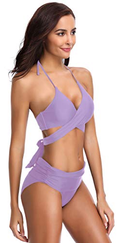 SHEKINI Bikini de Traje de baño de Colores Oscuros para Mujer Bikini de Tirantes Bikini de Cintura Alta de Dos Piezas (XL, Lila)